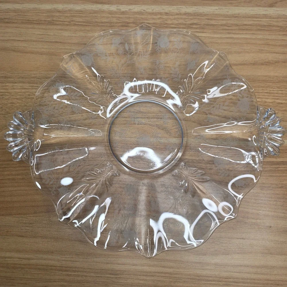 Vintage Fostoria Glass Clear Chintz Etched Baroque Handled‎ Cake Plate - 12.5